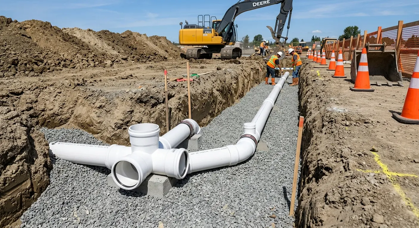 New PVC sewer pipe installation in open trench for Sewer Backup in Hillsborough