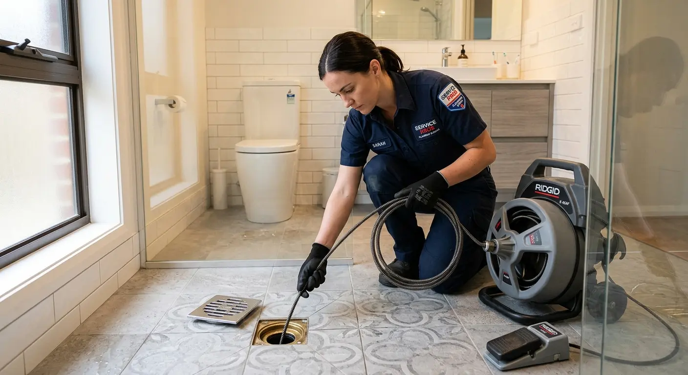 Technician clearing a bathroom floor drain for Drain Cleaning in Hillsborough